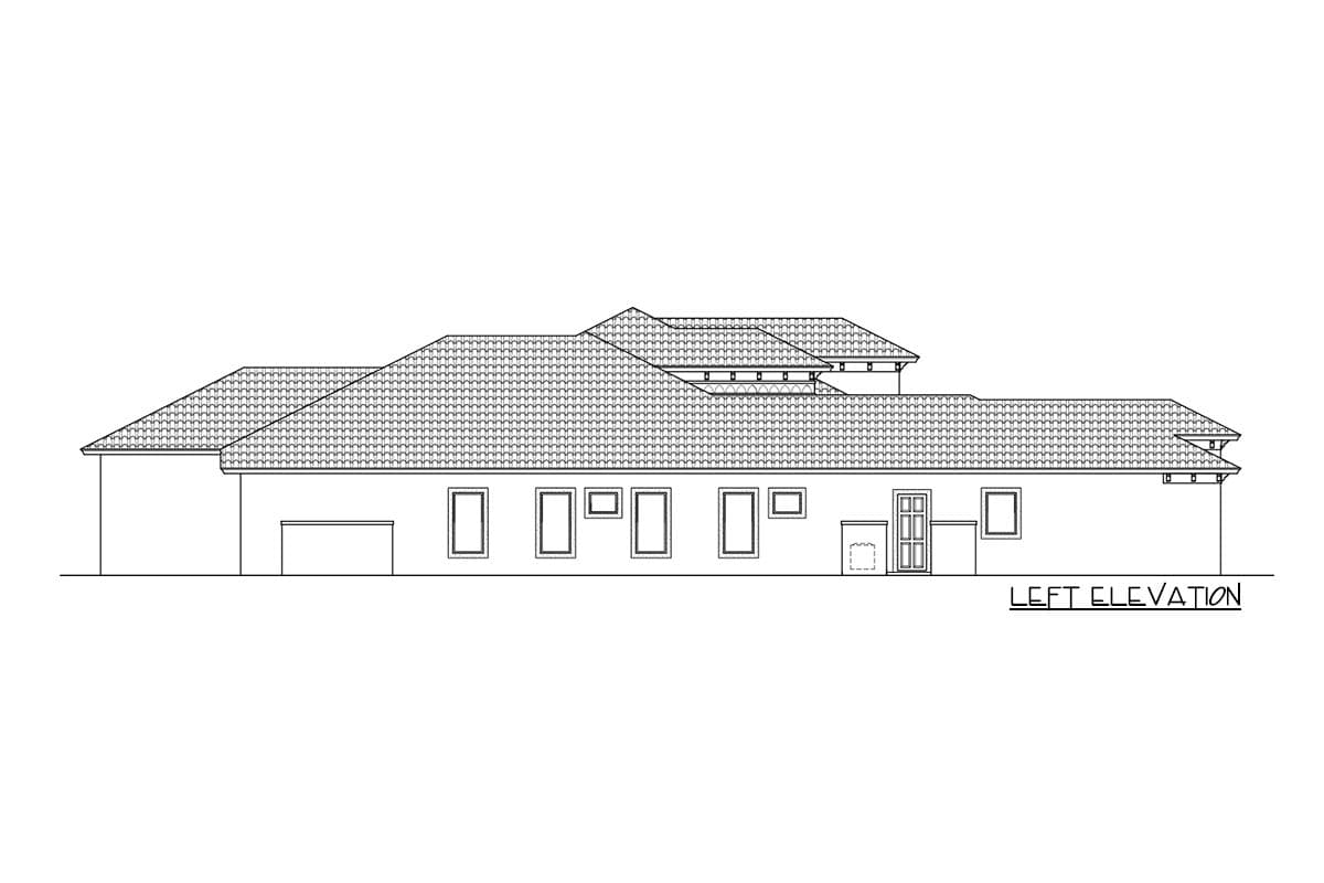 Left elevation house plan showing multiple rooflines, a garage door, windows, and a double-door entrance.