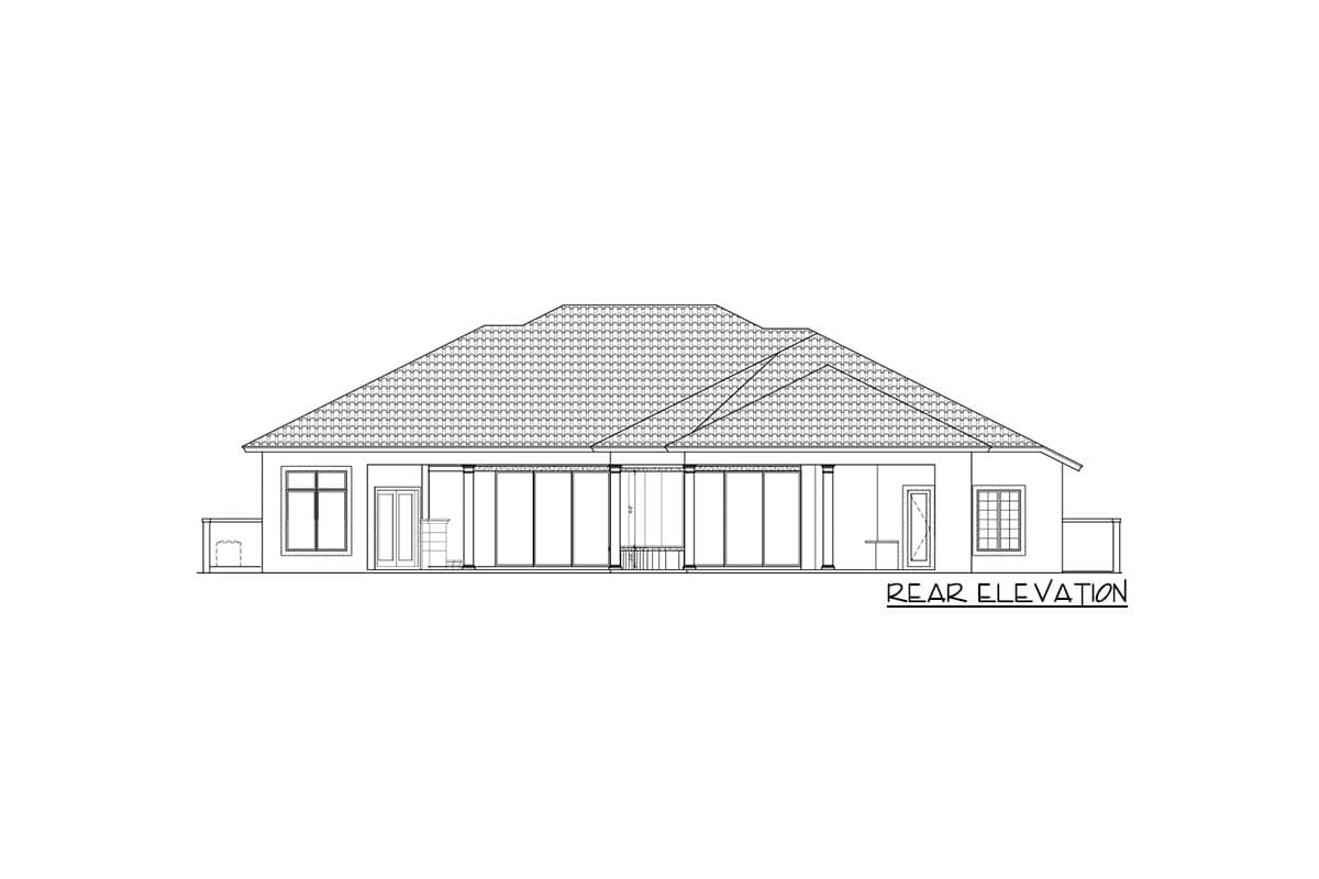 Rear elevation drawing of a single-story house with a hipped roof, multiple sliding glass doors, and a single door with a window.