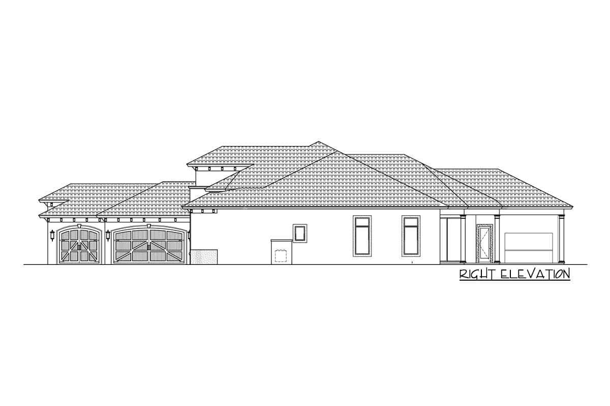 House plan right elevation drawing with dual garages, multiple gables, and a covered entry.