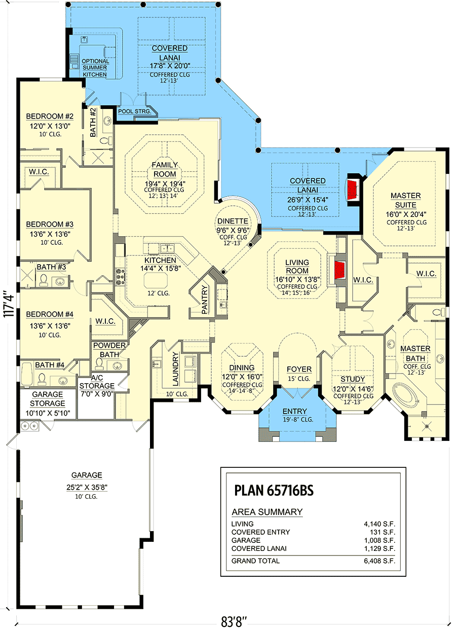 Plan 65716BS: One-level Florida Home Plan with Spacious Covered Lanai - Floor Plan - Main Level - Coastal, European, Florida-Style, Mediterranean, Southern