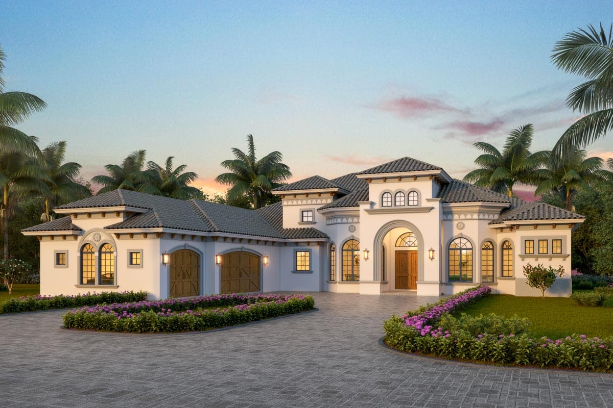 House plan exterior with Mediterranean style, featuring a two-story design, arched entry, multiple gables, and a porte-cochere.