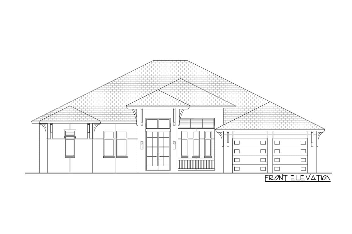 Front elevation house plan: one-story, hip roof, central double doors, multiple windows, covered entry, and a five-car garage.