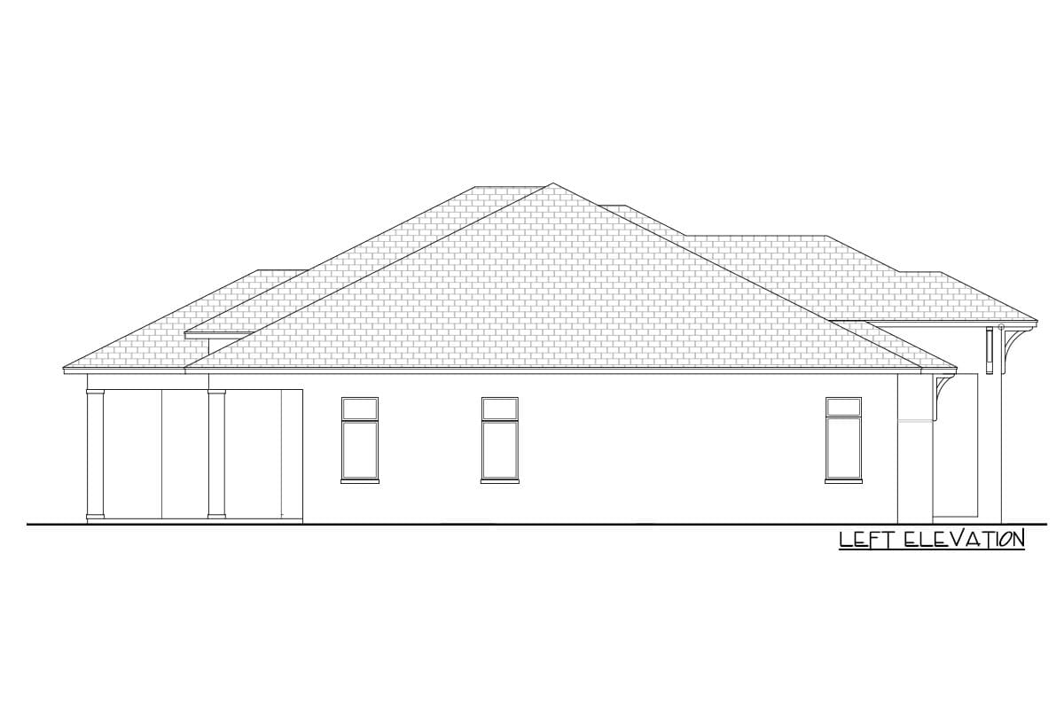 Left elevation drawing of a single-story house plan with a covered porch and hip roof.