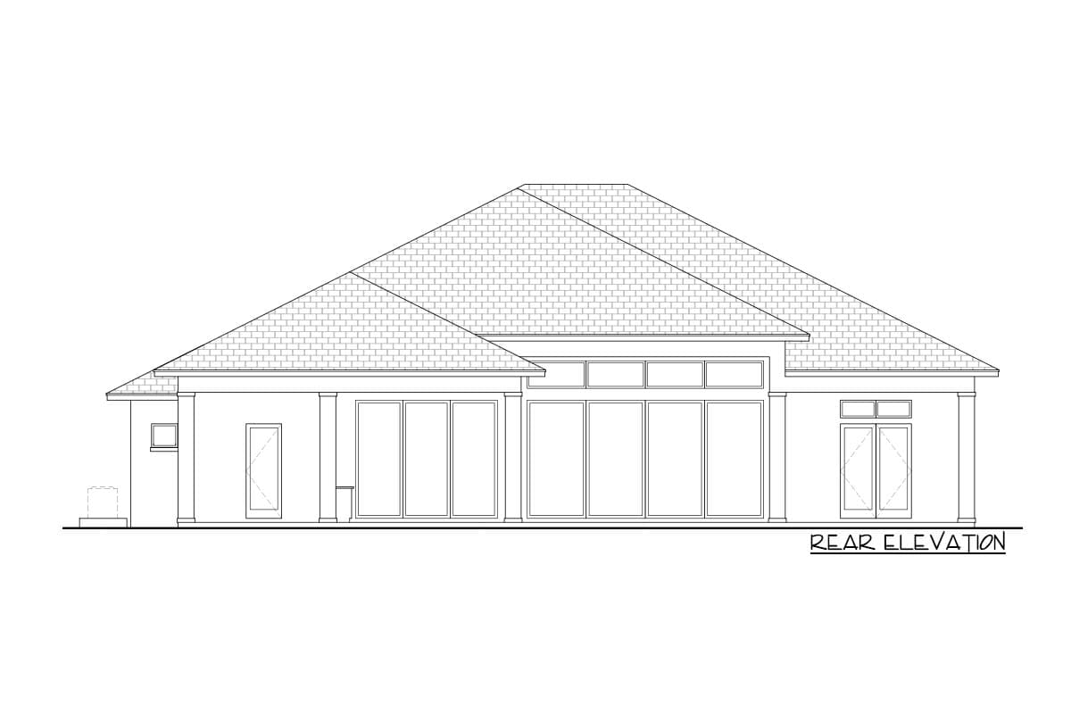 Rear elevation house plan with multiple sliding glass doors, clerestory windows, and a hip roof.