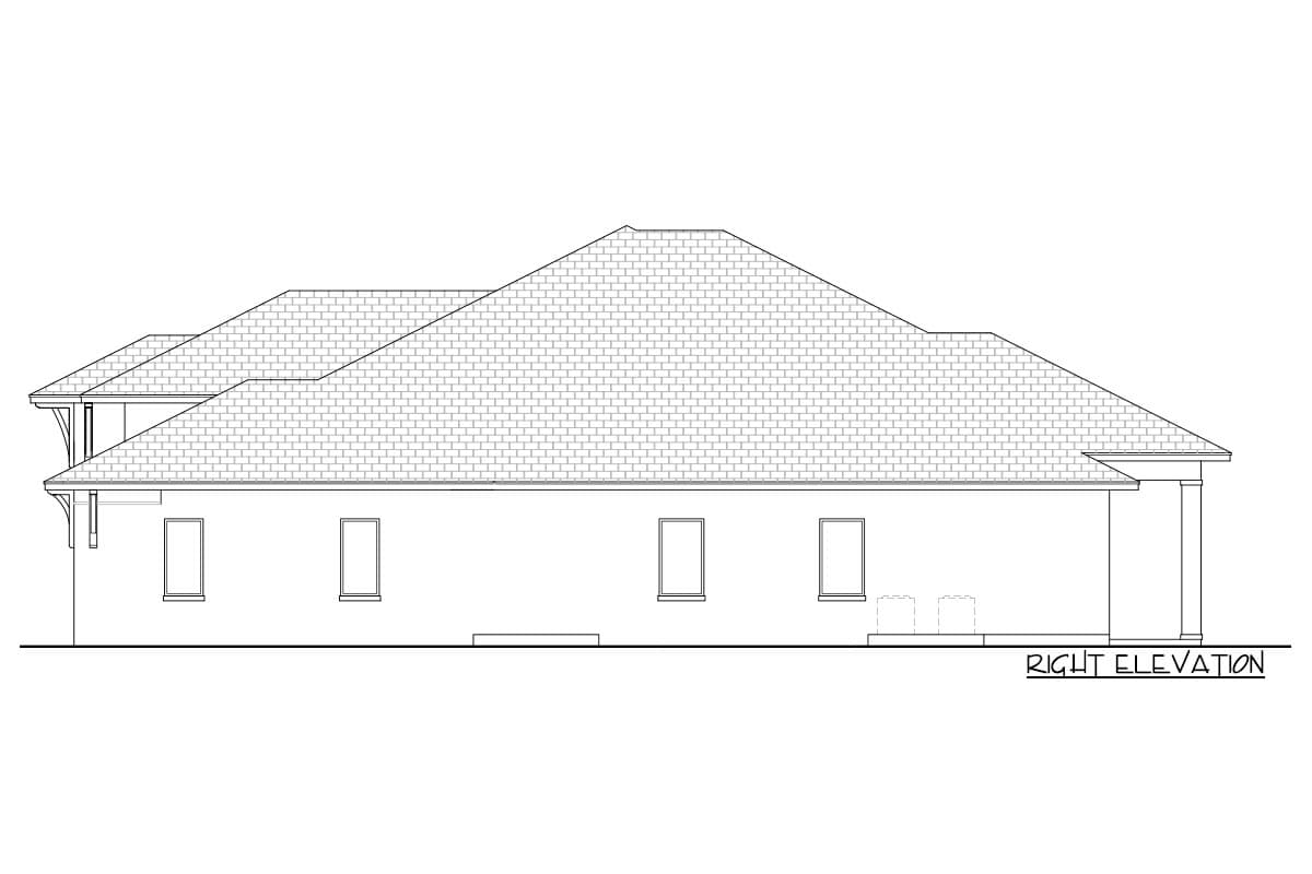 Right elevation house plan drawing showing a single-story structure with a hip roof, multiple windows, and covered porch.