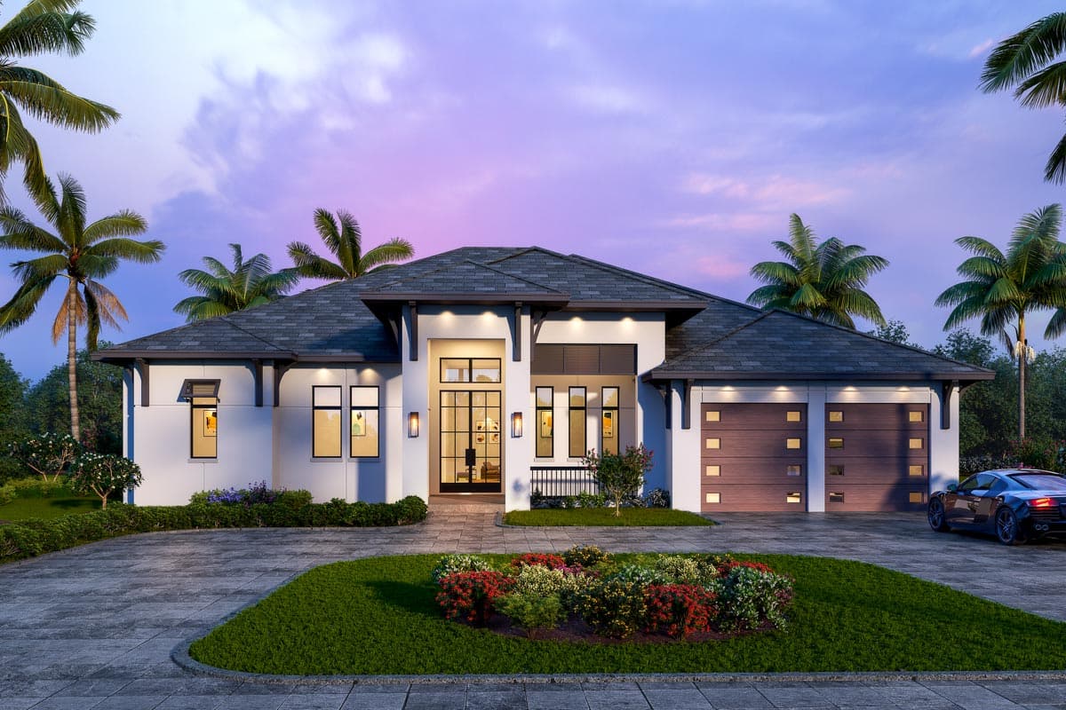 House plan exterior. One-story contemporary home with low-slope roof, symmetrical facade, recessed entry, and attached two-car garage.