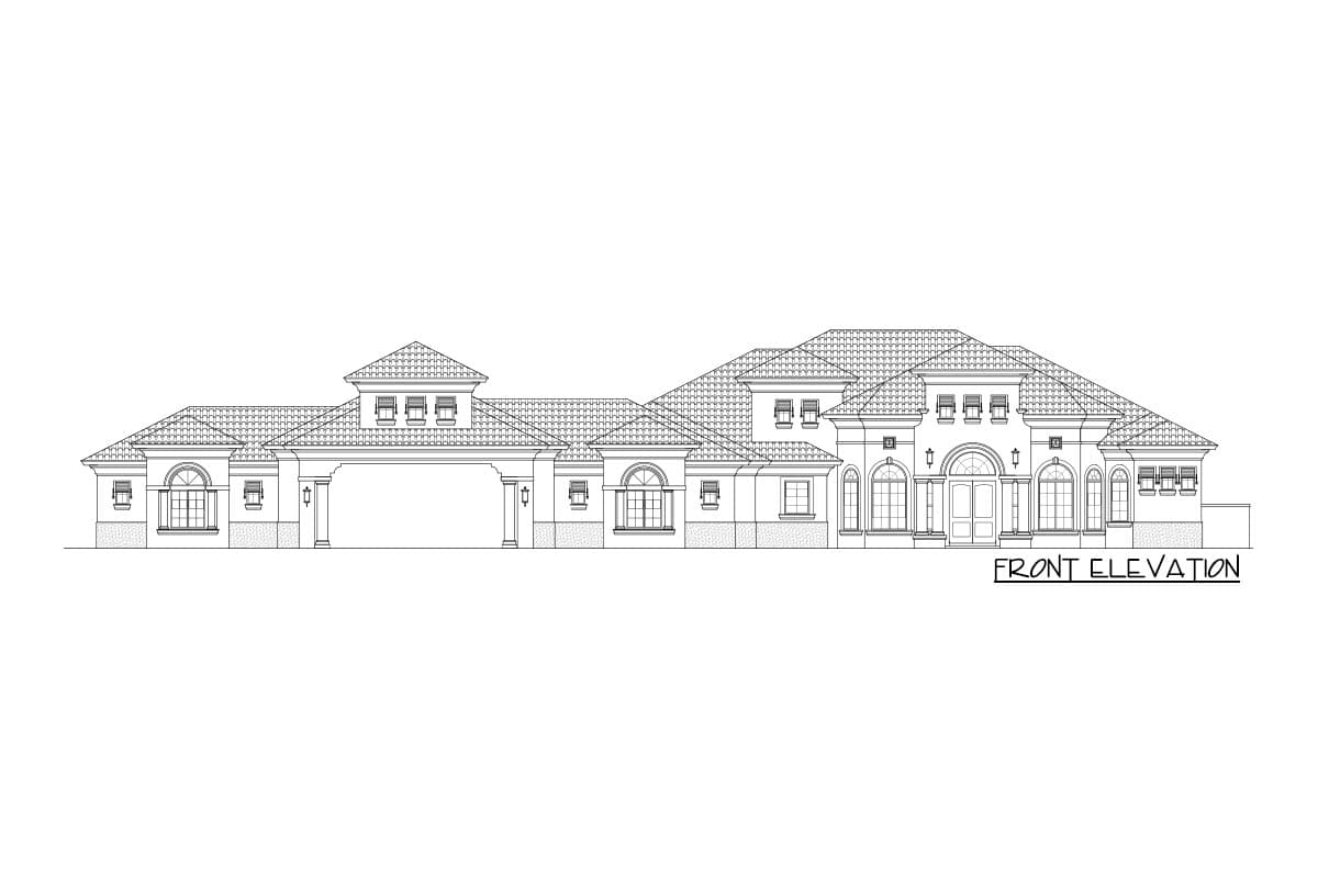 Front elevation of a house plan featuring a tile roof, arched windows, a central entry, and a three-car garage.