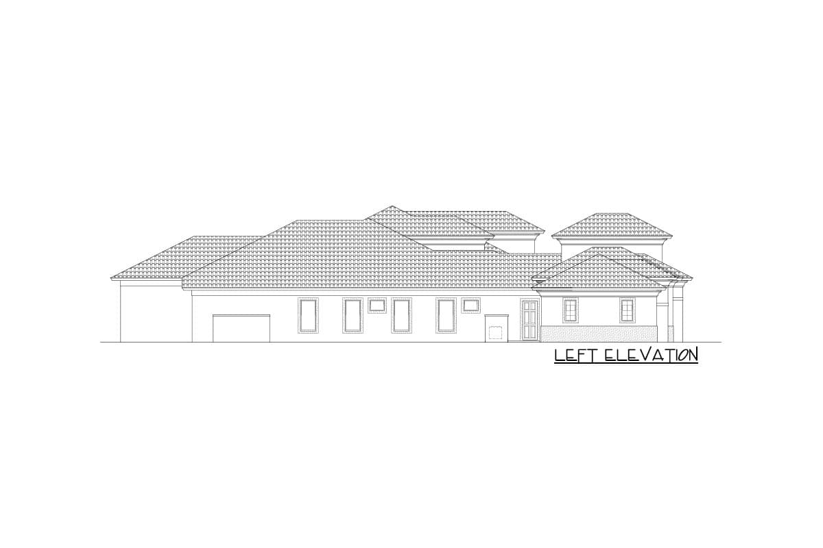 Left elevation drawing of a single-story house plan with a multi-level roof, multiple windows, and an attached garage.