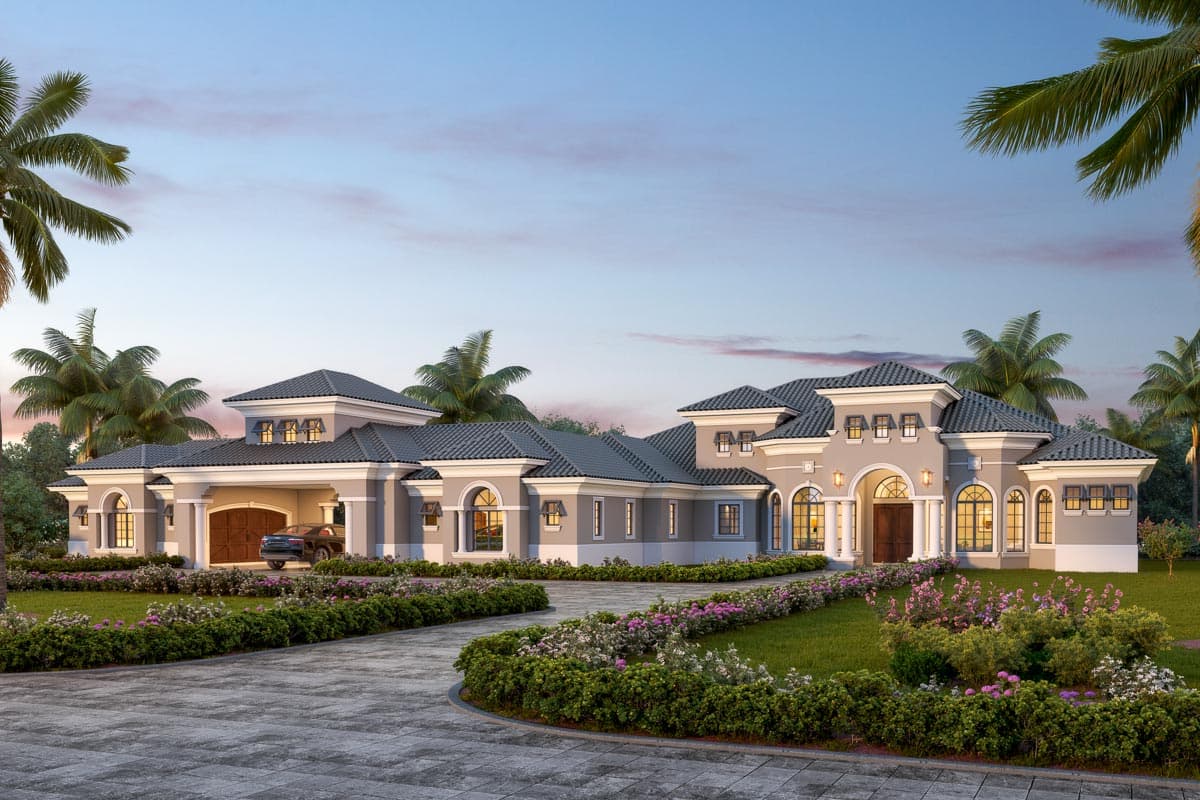 House plan exterior. Two-story Mediterranean-style home with portico, multiple gables, arched windows, and a side-entry garage.