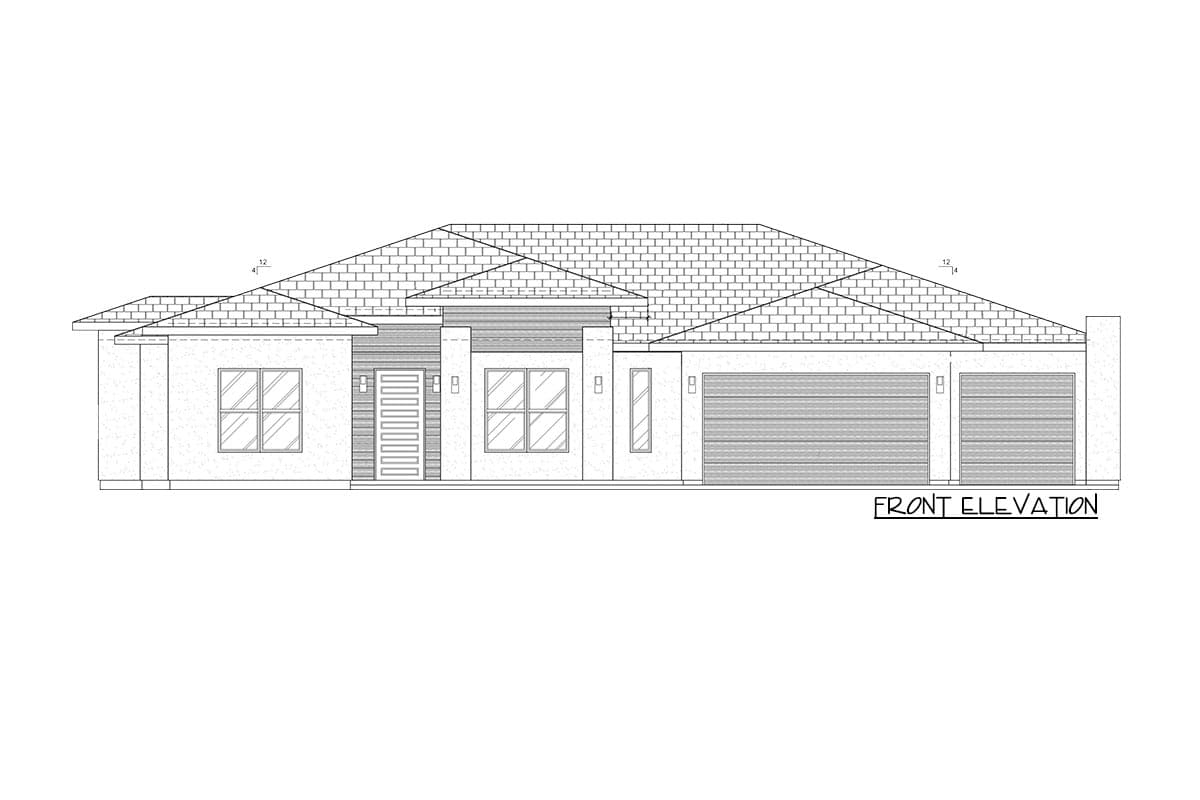 Front elevation drawing of a single-story house with hipped roof, multiple windows, and a two-car garage.
