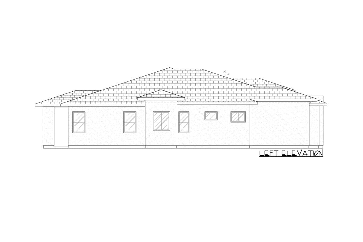 Left elevation of a single-story house plan, showing multiple windows and a hip roof with multiple gables.