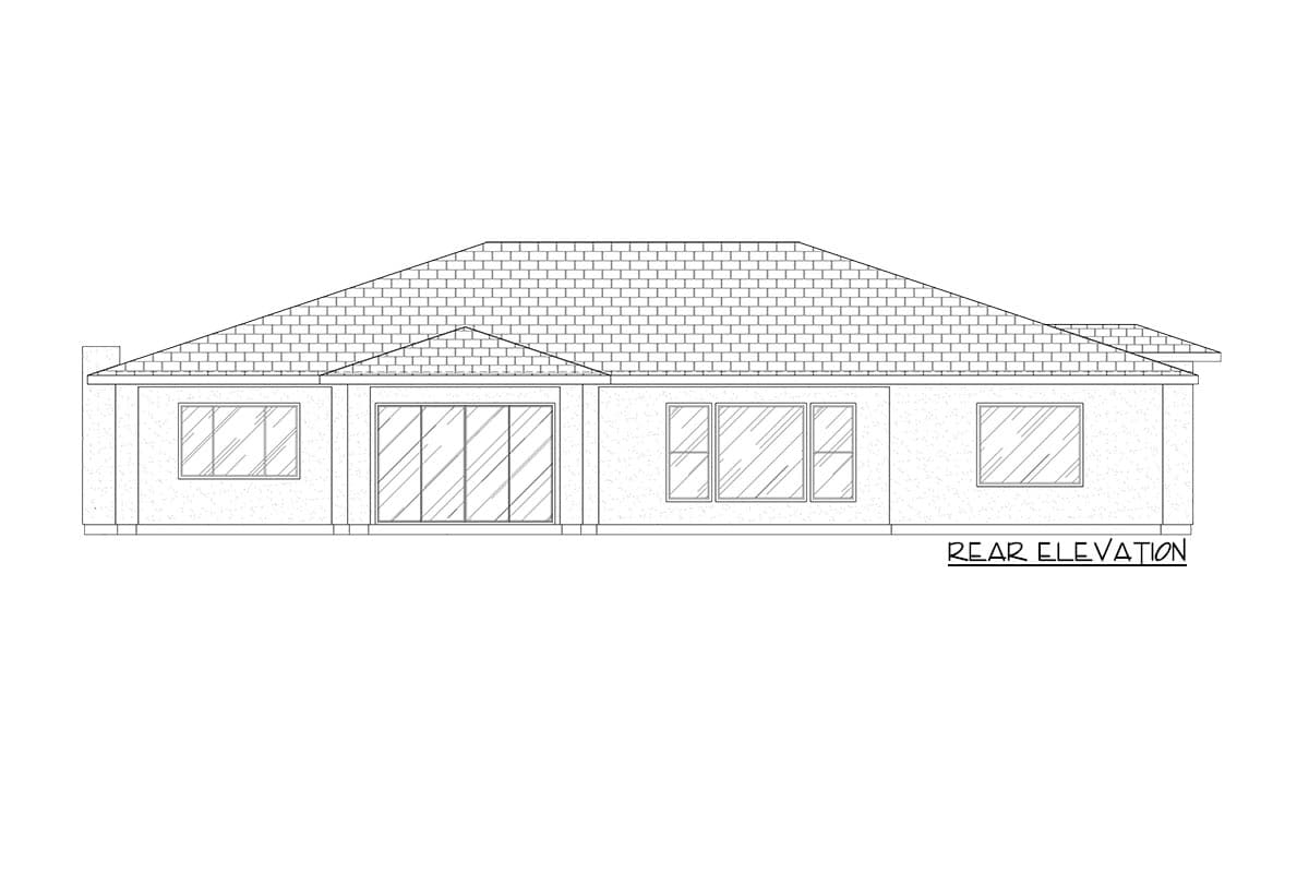 Rear elevation drawing of a single-story house plan with a hip roof, slider doors, and multiple windows.