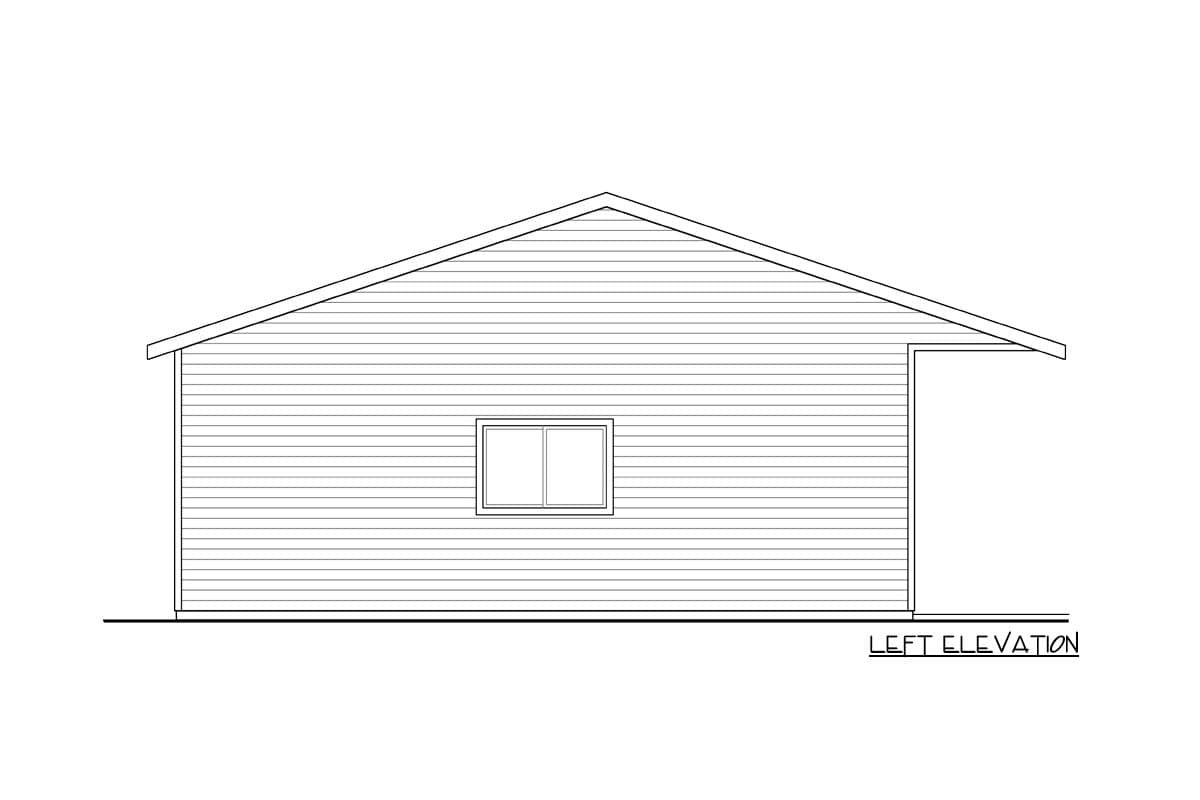 Floor plan drawing: Left elevation of a single-story house with horizontal siding and a simple gable roof.