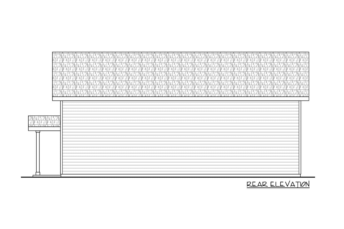 Rear elevation drawing of a house plan, featuring horizontal siding and a pitched roof.