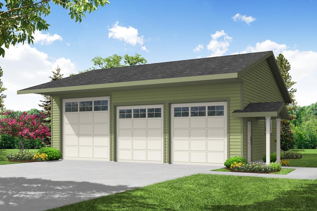 House plan exterior with a modern style. Features include a three-car garage, low-slope roof, and a small covered entry with columns.