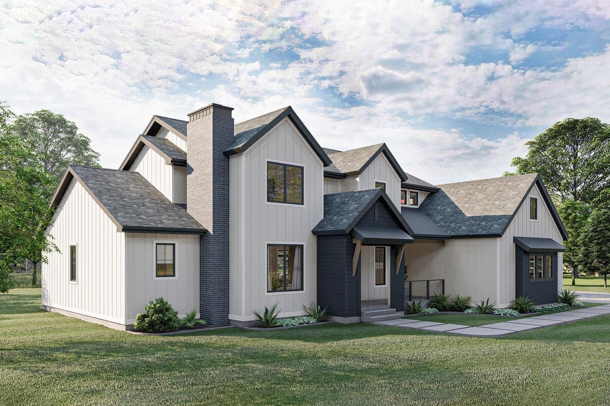 Modern Farmhouse house plan exterior with a prominent brick chimney, multiple gables, and a covered entry with dark trim.