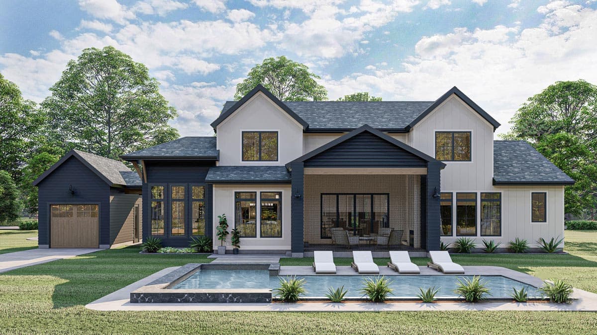 Modern Farmhouse house plan exterior with two stories, multiple gables, covered rear porch, and attached garage.
