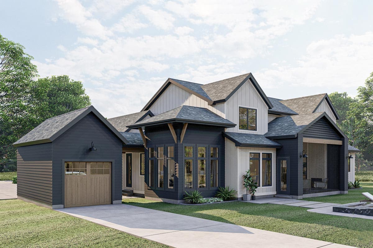 House plan exterior: Modern Farmhouse style, two stories, with a detached garage, prominent gables, and covered porch.