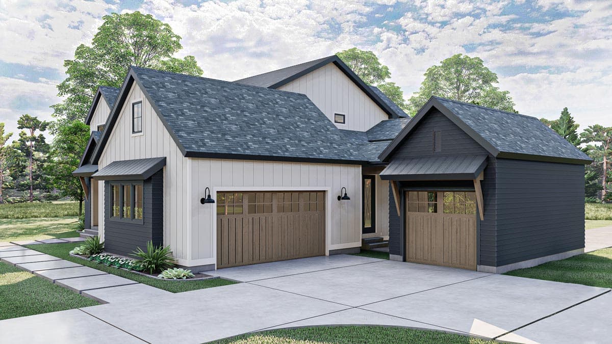 Modern Farmhouse house plan exterior with board-and-batten siding, multiple gables, and a two-car garage.