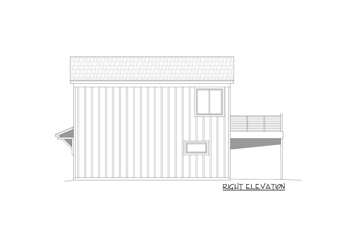 Right elevation drawing of a house plan showing vertical siding, two windows, and a deck.