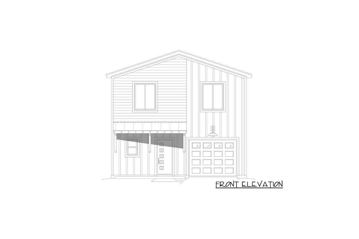 Front elevation drawing of a two-story house with a covered entry, a single garage door, and two second-story windows.