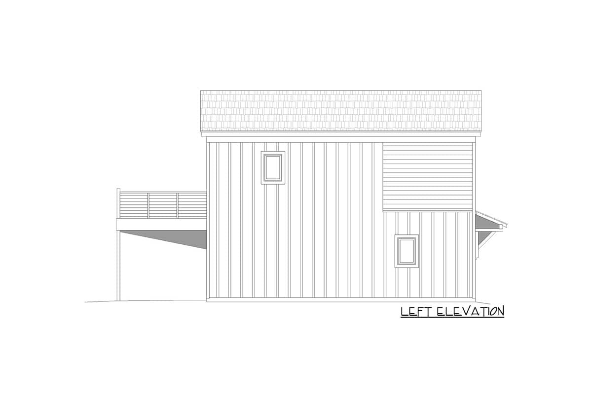 Left elevation drawing of a house plan showing vertical siding, horizontal siding, two windows, and a deck.