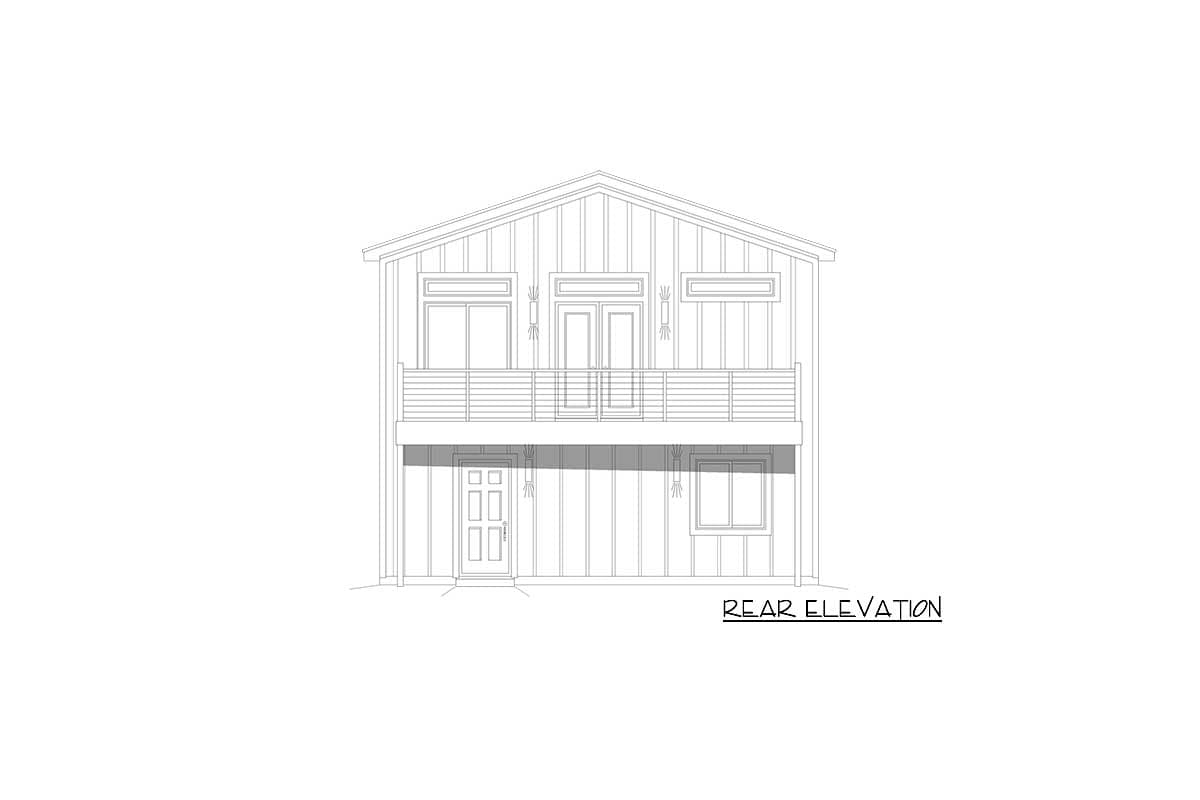 Rear elevation drawing of a two-story house with a balcony, double front doors, and vertical siding.