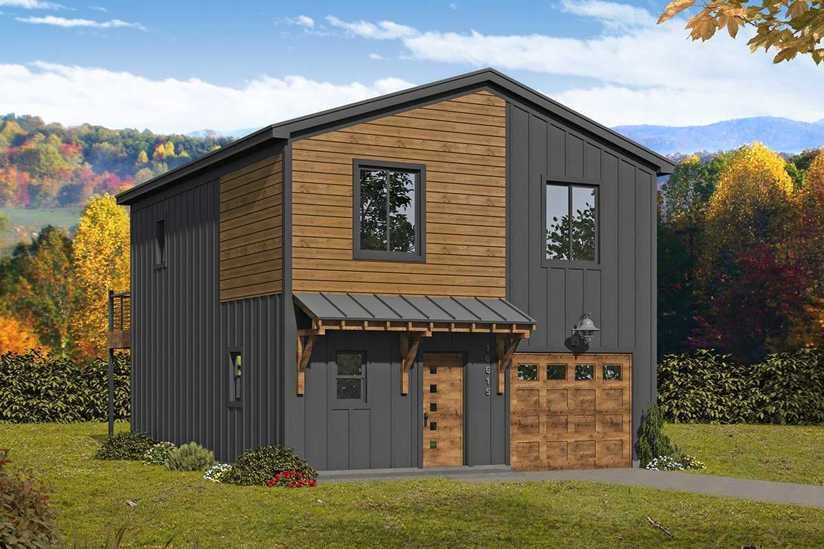 House plan exterior with two stories. Modern style with wood siding and metal roof. Features include a covered entry and attached garage.