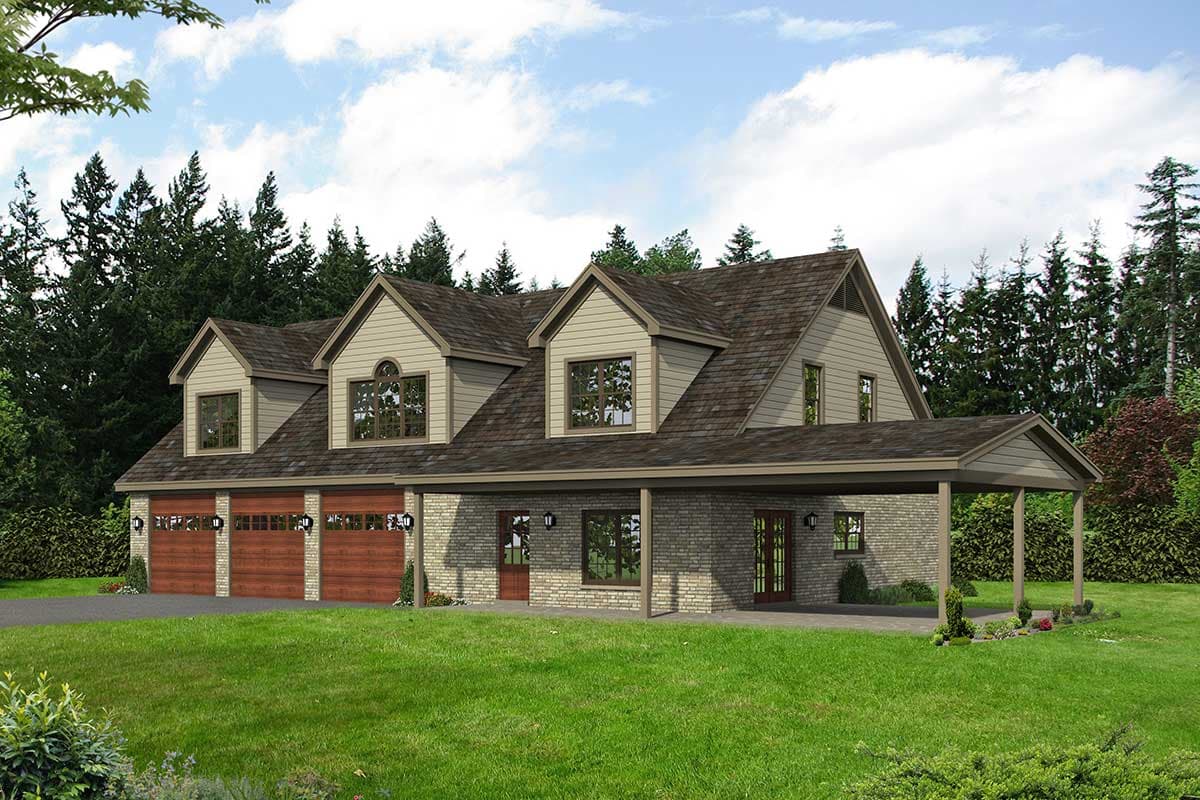 House plan exterior with dormers, attached porte-cochere, and a three-car garage. Features include a gabled roof and stone facade.