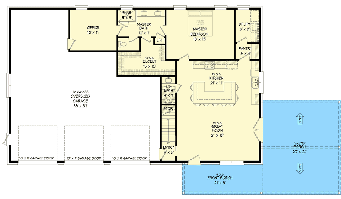 Plan 68823VR: 5-Bed Barndominium with Home Office and Upstairs Bonus Room - Floor Plan - Main Level - Country, Traditional