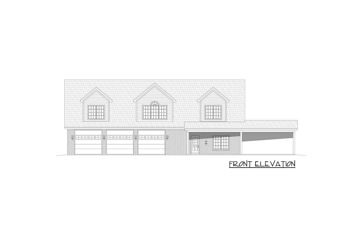 Front elevation drawing of a two-story house plan featuring three garage doors, dormers, and a covered entry.