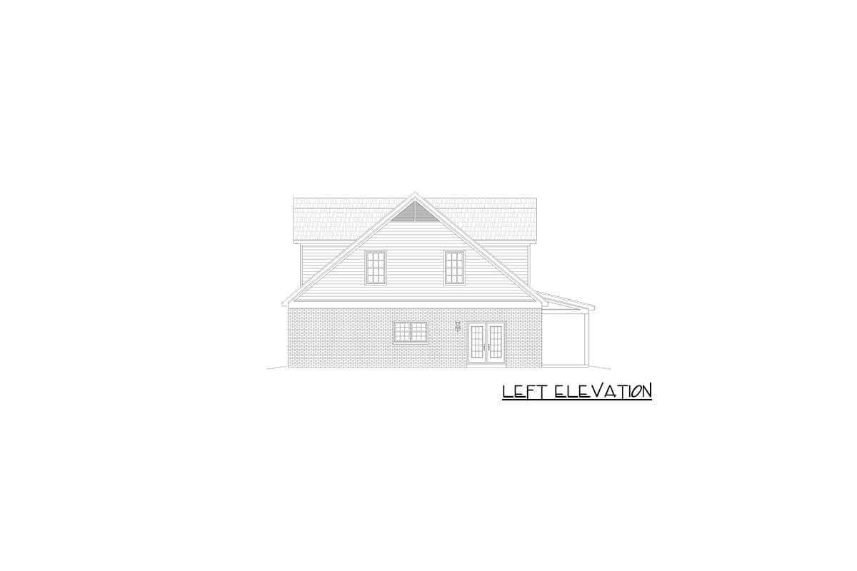 Left elevation of a two-story house plan with a gabled roof, brick lower story, and attached carport.