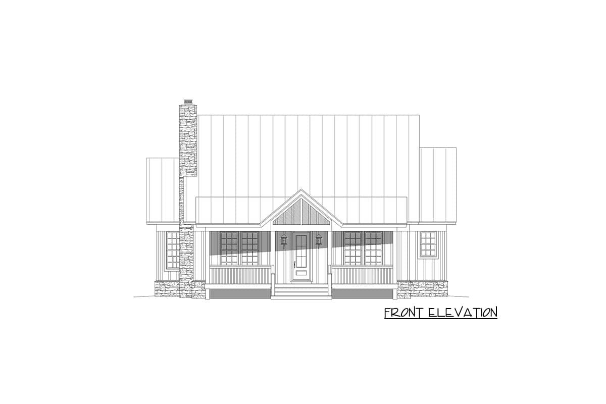 Front elevation house plan drawing showing a gabled roof, covered porch with stone supports, and a stone chimney.