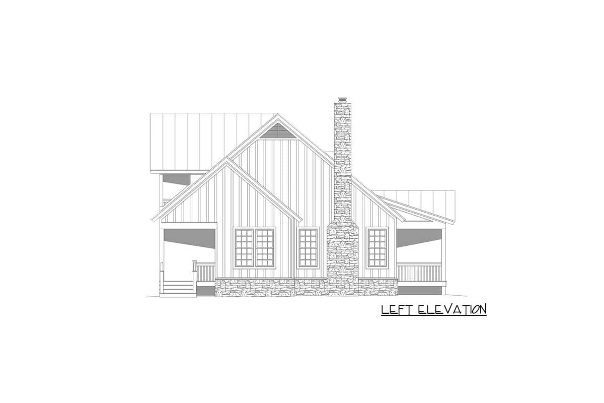 House plan left elevation: two-story, gabled roof, stone chimney, multiple windows, and covered porches.