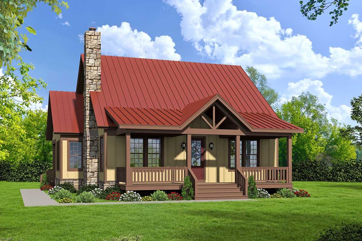 House plan exterior. One-story Craftsman with stone chimney, covered porch, and gabled roof. Features include exposed rafter tails and wood trim.