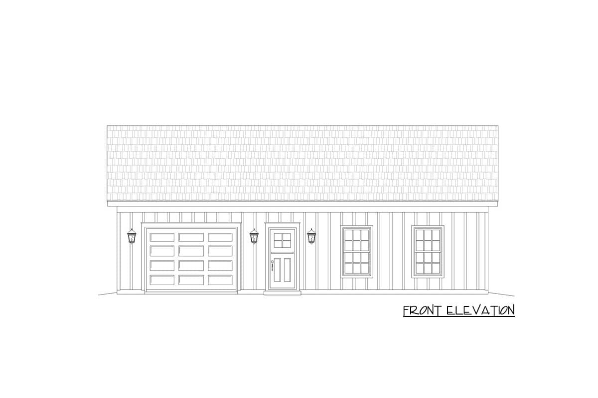 Front elevation drawing of a house plan featuring a garage, entry door, two windows, and wall siding.
