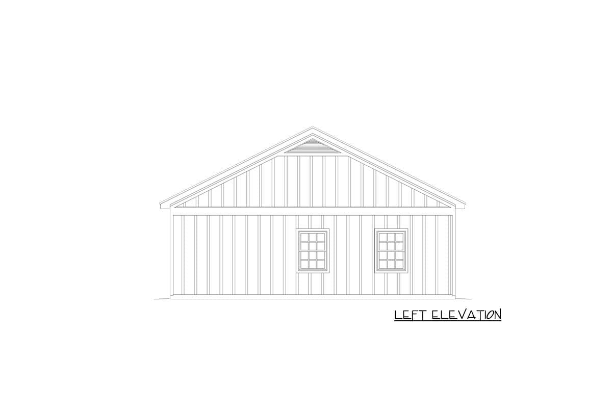 Left elevation drawing of a house plan, featuring a gable roof, vertical siding, and two double-hung windows.