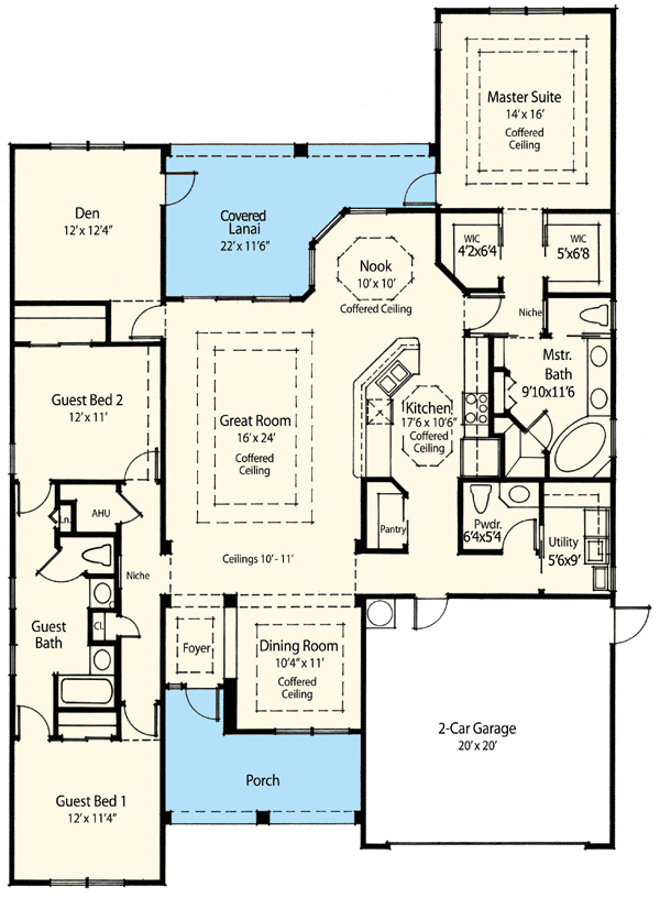Plan 33001ZRX: 3 Bed House Plan Under 50-Feet Wide - 2287 Sq Ft - Floor Plan - Main Level - European, Ranch