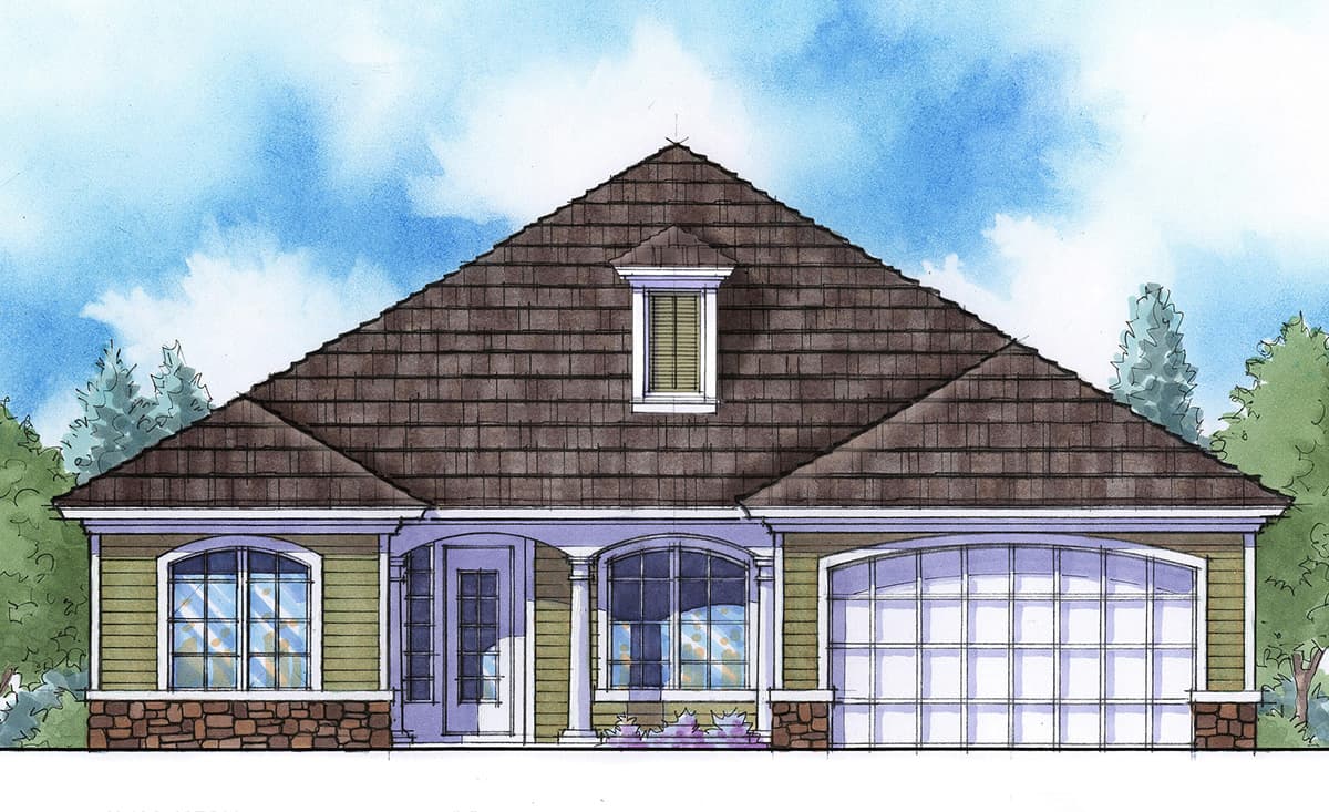 House plan exterior: One-story home with a prominent gable roof, dormer, arched windows, covered entry, and a large garage.