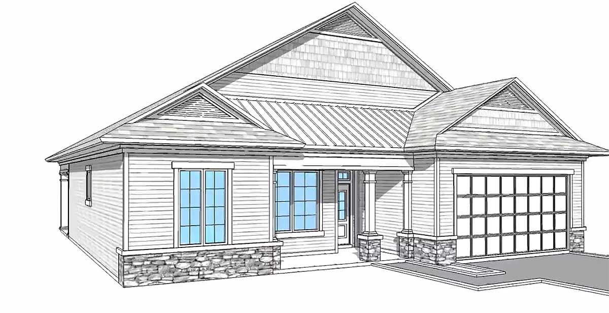 House plan exterior: One-story modern farmhouse with stone accents, gabled roof, covered porch with columns, and a two-car garage.