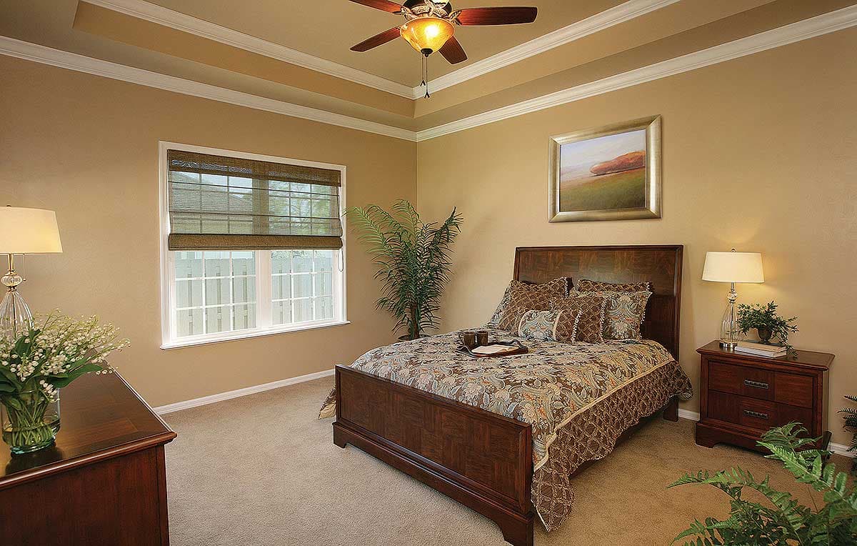 Bedroom with a tray ceiling, two windows with blinds, and a dark wood bed frame with patterned bedding.