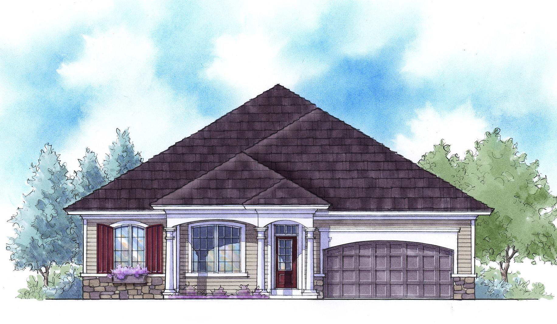 House plan exterior: One-story house with prominent gable roof, stone base, arched windows, covered entry, and attached garage.