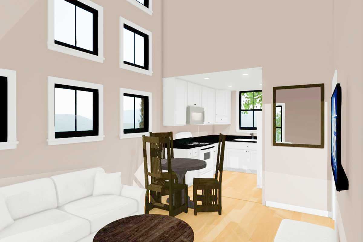 Interior rendering of an open-concept living and kitchen area with white cabinets, a dining set, and a sofa.