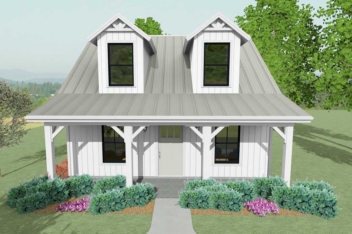 Modern Farmhouse house plan exterior with a metal gambrel roof, dormer windows, and a covered front porch with support posts.