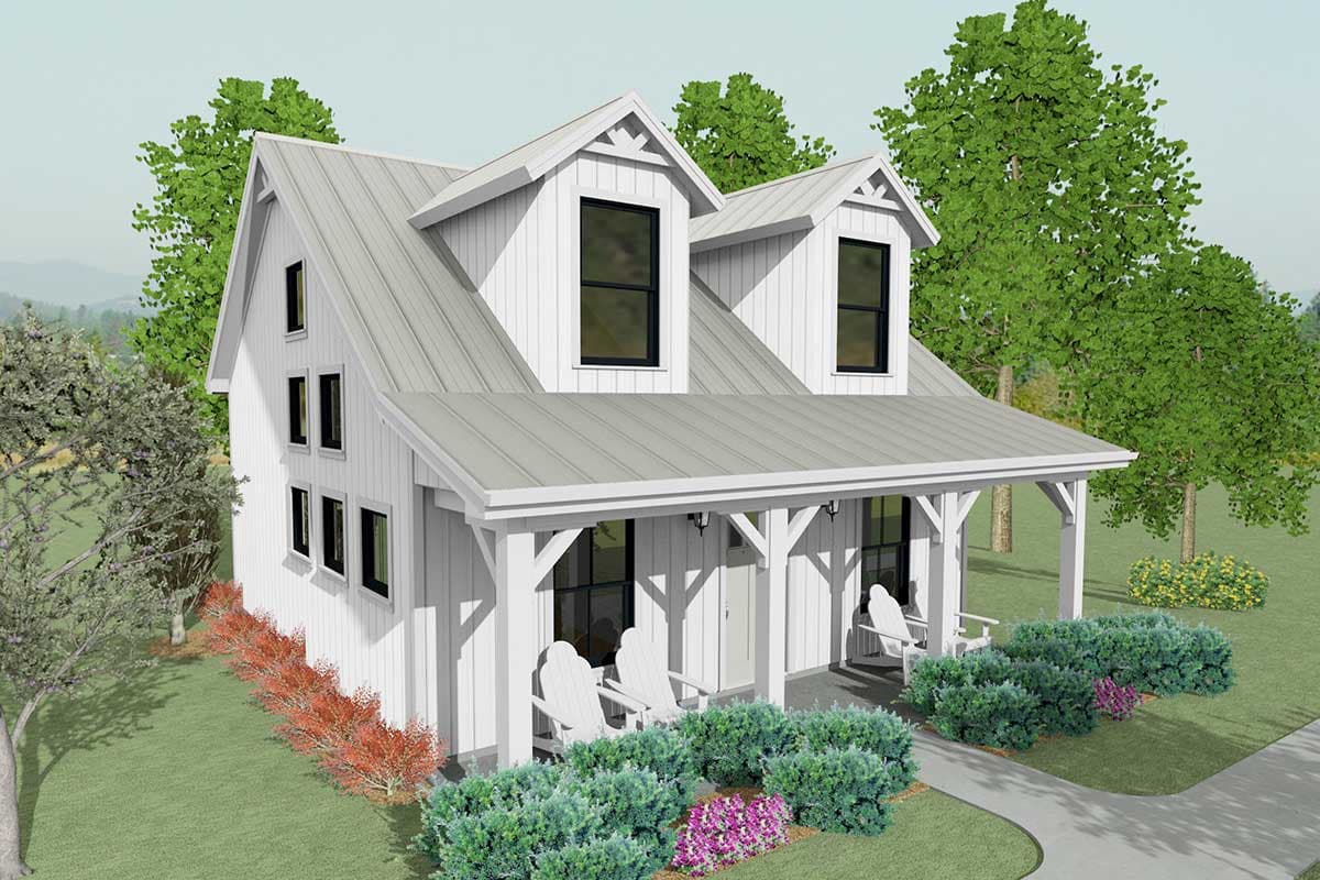 House plan exterior. Two-story Modern Farmhouse with a gabled roof, dormers, and a covered porch supported by posts.