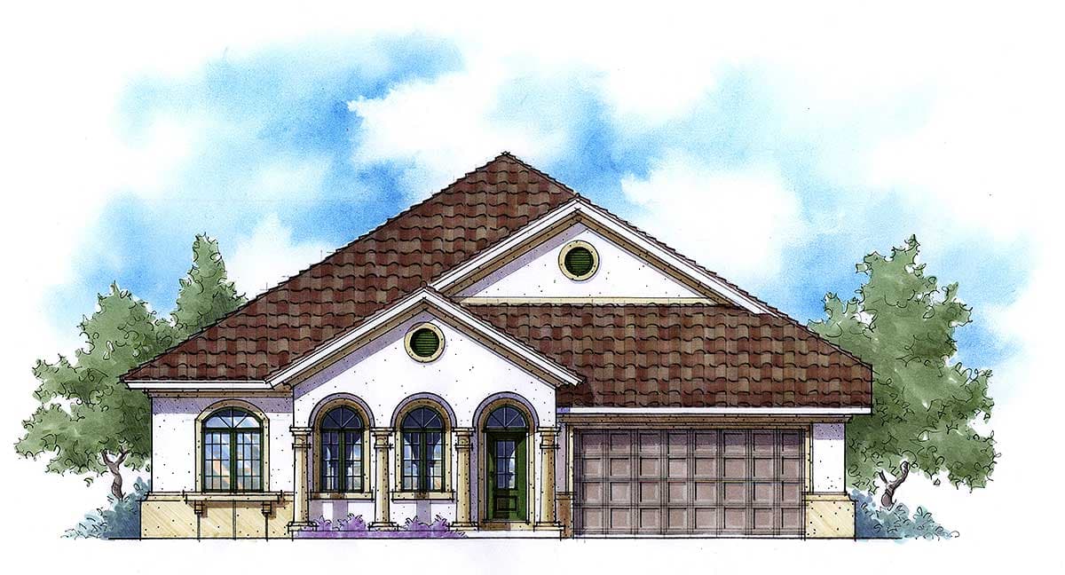 House plan exterior: One-story Mediterranean style with arched windows, decorative columns, and a two-car garage.