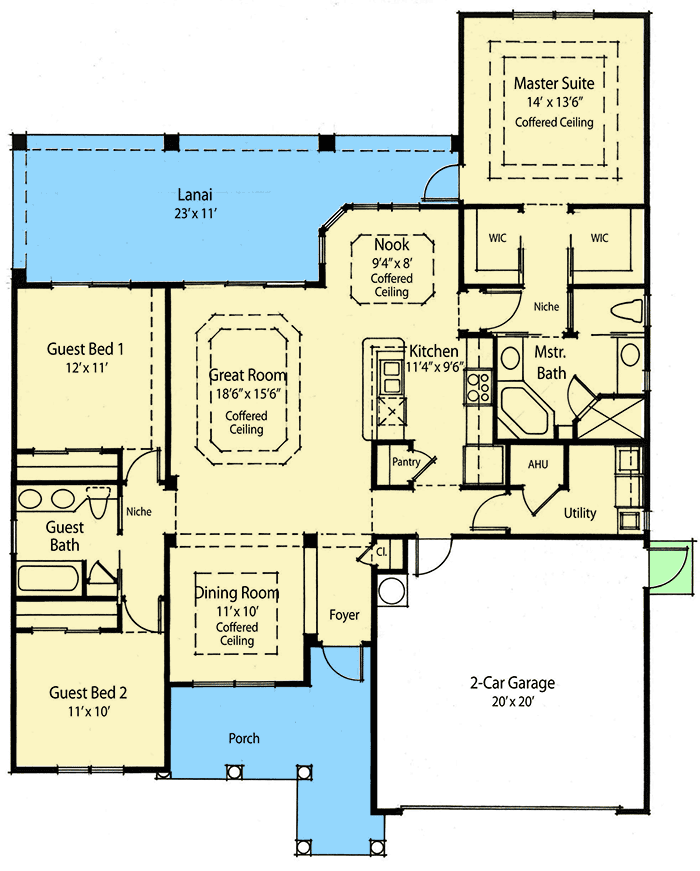 Plan 33005ZR: Energy Saving Home Plan - Floor Plan - Main Level - Florida-Style, Mediterranean