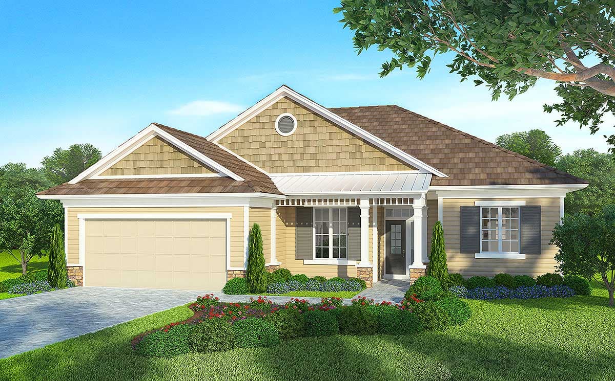 House plan exterior: One-story Modern Farmhouse with gable roof, shingle siding, covered porch, and attached garage.