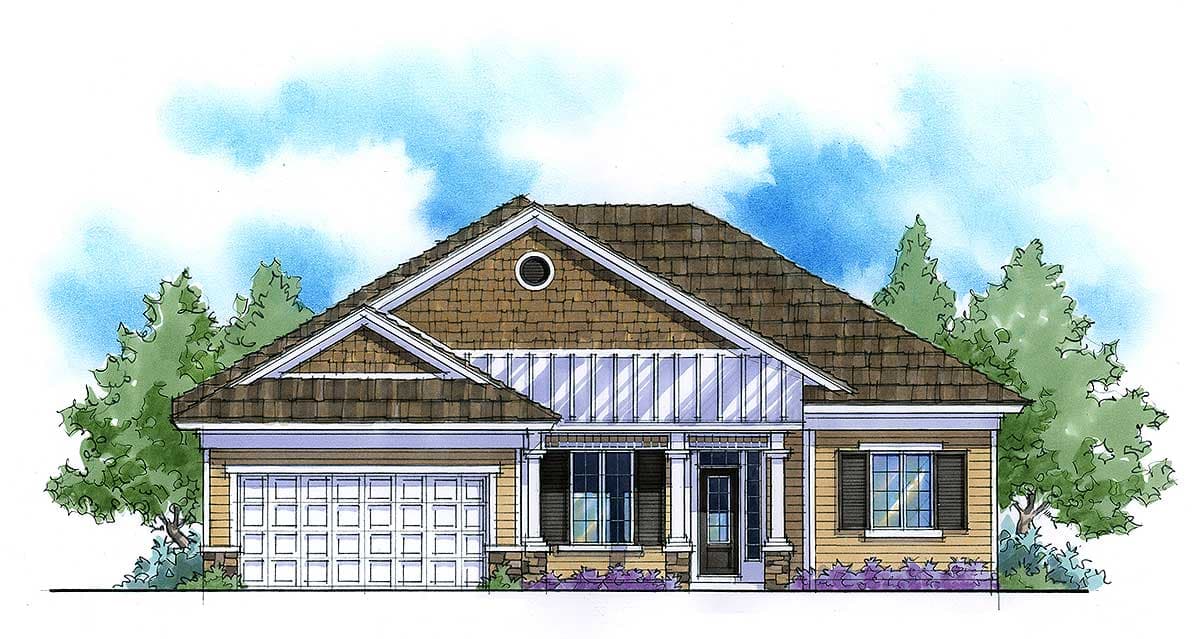 House plan exterior: One-story home with a hip roof, attached garage, front porch with columns, and a circular vent in the gable.