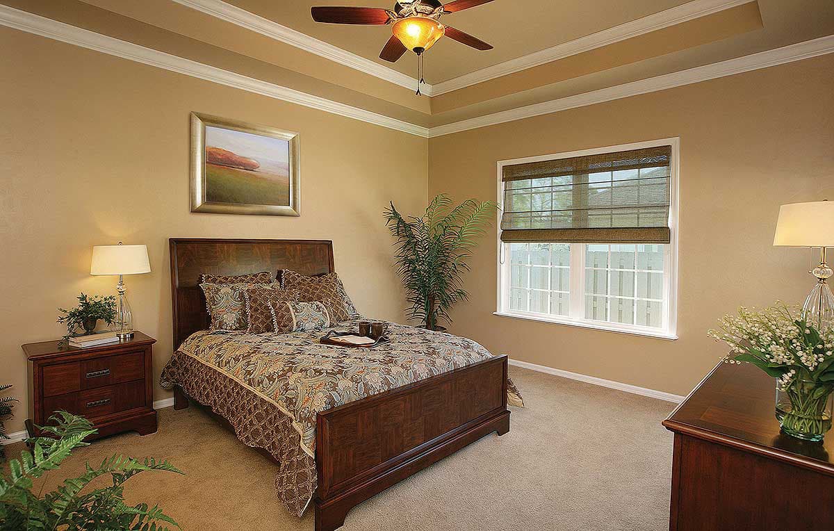 Bedroom interior with tray ceiling, wood bed frame, patterned bedding, nightstand, and double-hung window.